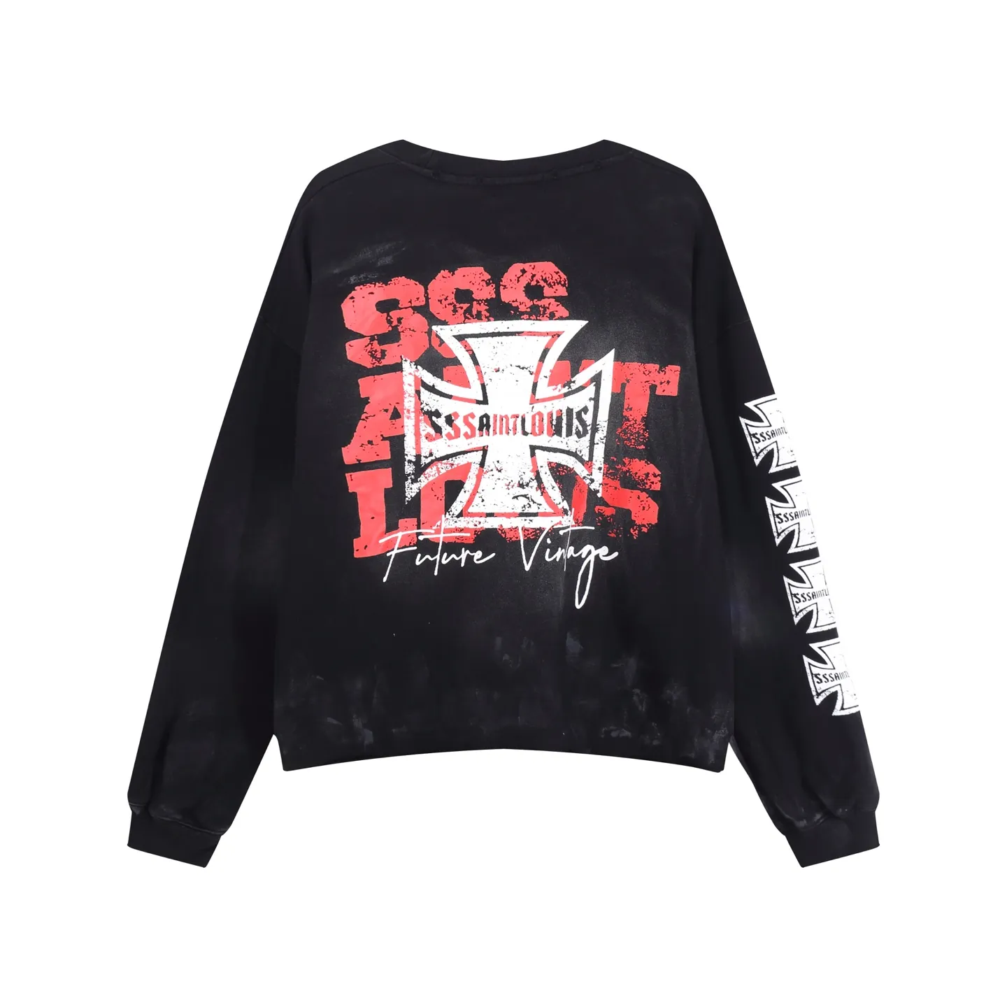 Style No. S555 P260💰 (450g version) SSSAINT LOUIS cross medal pattern printed distressed round neck sweatshirt. Original terry feel, light fleece, soft and thick texture, 450g pure cotton fabric, original cut loose board, high-end short upper body oversize, no hem thread to make the natural curling more stylish. The craftsmanship is hand-made destruction + hand-painted graffiti, horse spray and other processes.             Loose fit, same style for men and women. Size: S-XL